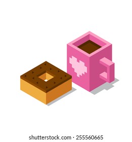 Stylish isometric cup of coffee or tea and chocolate donut, isolated on white background.