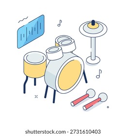 Ilustración isométrica elegante del sistema del tambor ideal para la música, el concierto, y el entretenimiento