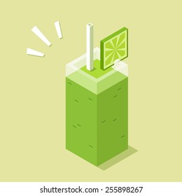 Stylish isometric glass of healthy green smoothie with wedge of lime.