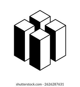 Ilustración isométrica elegante de cuatro cubos interconectados.  Perfecto para conceptos de unidad, trabajo en equipo, crecimiento, tecnología o arquitectura.