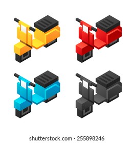 Stylish isometric retro motor scooter in four color variants isolated on white background.