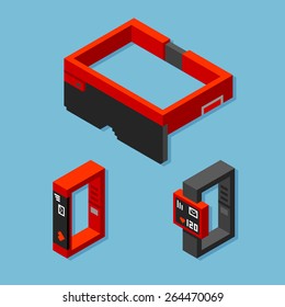 Stylish isometric wearable technology devices: fitness tracker, smart watch and augmented reality glasses. 