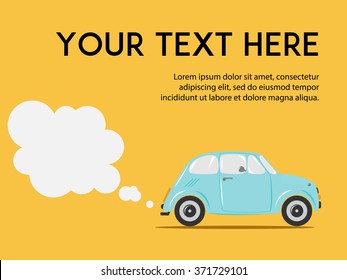 Stylish Italian car with exhaust on the yellow background. Copy space. Cute flat vector illustration for web or print