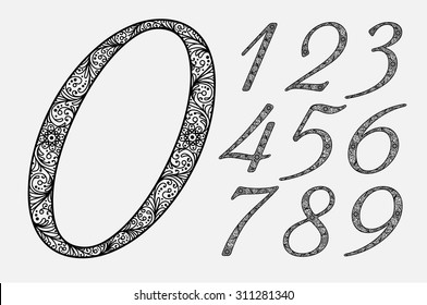 Stylish italic numbers in the form of the ornament. Set. Zero 0 One 1 Two 2 Three 3 Four 4 Five 5 Six 6 Seven 7 eight 8 nine 9. vector. eps8.