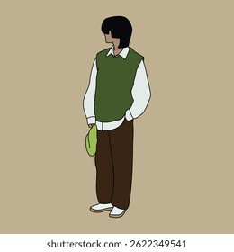 Stylish Japanese Man with Clean Outline and Flat Colors, Trendy Male Vector Character with Urban Look