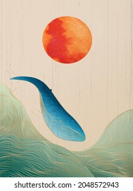 Stylish Japanese style poster with waves and whale of golden lines for textile and social media decoration.