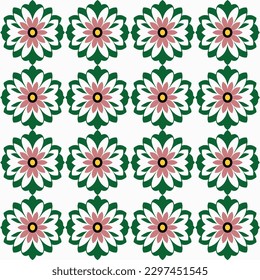 Stylish and joyful floral pattern in pink and green with stylized and geometric design, featuring dark floor and power motifs suitable for textile or home decor.