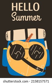 Stylish juicy summer card with peach traveler. Vector illustration in flat style