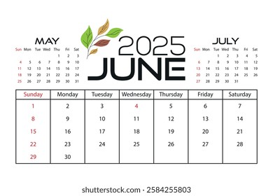 Stylish June 2025 calendar featuring a clean layout, bold typography, and decorative leaves. Perfect for planning, organizing, and scheduling important events, meetings, and reminders.