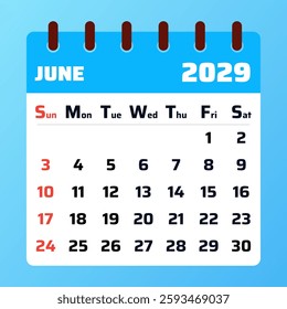 Stylish June 2029 calendar with a summer-inspired design. Useful for planning vacations, business meetings, and personal schedules.