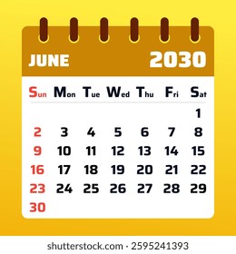 Stylish June 2030 calendar with an eye-catching yellow design. Great for personal organization, event planning, and managing deadlines.