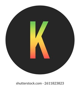 Stylish K Capital letter in gradient hues of green to red inside a solid black circle. Great for modern branding, tech logos, and digital art themes.