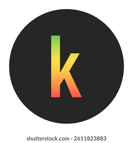 Stylish k Lowercase letter in gradient hues of green to red inside a solid black circle. Great for modern branding, tech logos, and digital art themes.