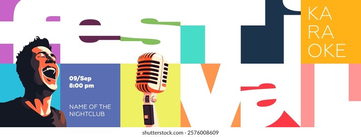 Stylish karaoke festival bold abstract geometric design with microphone and singing man. Suitable for party invitations, concert promotions and nightclub events