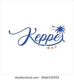 Stylish Keppel Bay Logo Design with a Tropical Flair Depicting a Beach Paradise Destination with a Palm Tree and Soaring Birds, a Serene Coastal Getaway