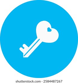 A stylish Key to the Heart icon in crisp white on a light Cambridge blue background. Symbolizing love, trust, and deep connections, it features a modern, minimalist design with a romantic touch.