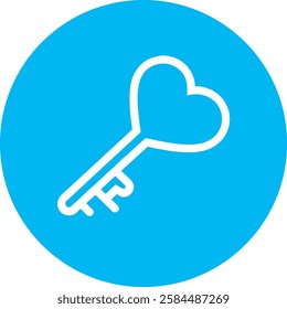 A stylish Key to the Heart icon in crisp white on a light Cambridge blue background. Symbolizing love, trust, and deep connections, it features a modern, minimalist design with a romantic touch.