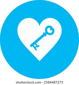 A stylish Key to the Heart icon in crisp white on a light Cambridge blue background. Symbolizing love, trust, and deep connections, it features a modern, minimalist design with a romantic touch.