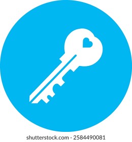 A stylish Key to the Heart icon in crisp white on a light Cambridge blue background. Symbolizing love, trust, and deep connections, it features a modern, minimalist design with a romantic touch.