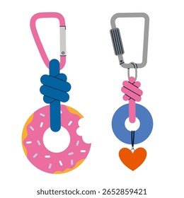 Chaveiros elegantes com donut e encantos de coração em mosquetões, perfeito para bolsas ou decoração de chaves. Moderna ilustração vetorial isolado no fundo branco, desenhado à mão, design plano