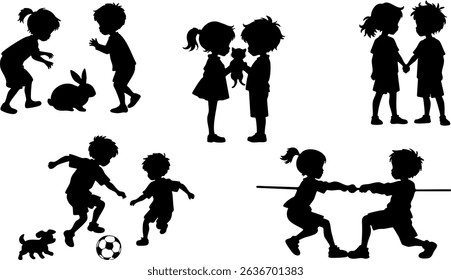 Stylish Kids Silhouette Set Playing Together - Fun Outdoor Activity Vector Illustrations