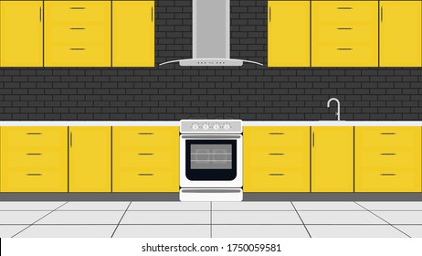Stylish kitchen in a flat style. Yellow Kitchen Cabinets, Stove, Oven. Vector.