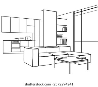 Stylish kitchen interior with modern furniture. Sketch line