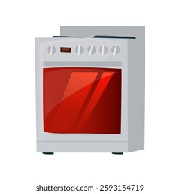 A stylish kitchen oven features a shiny red glass door, stainless steel body, and multiple dials. It is designed for modern cooking, blending functionality with aesthetics.