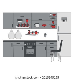 cocina elegante con accesorios, estanterías, vajilla, nevera y silla. Ilustración vectorial.