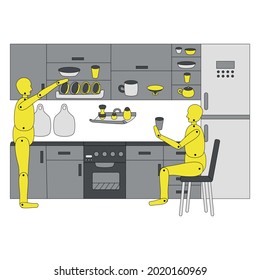 cocina elegante con accesorios, estanterías, vajilla, nevera y silla. Ilustración vectorial. Un maniquí con un ambiente de cocina, tomando té, sentado en una sula, placas plegables