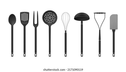 Elegantes herramientas de cocina colección moderna ilustraciones vectoriales realistas. Utensilios de cocina para un cómodo juego de preparación de comida. Cuchara de cocina de plástico metálico tenedor espátula de whisky ladle skimmer