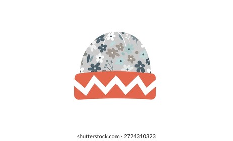 Um elegante chapéu de gorro de malha com uma delicada impressão floral sobre um fundo cinza e uma vibrante banda de coral com um padrão de ziguezague branco.