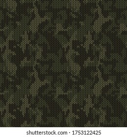 Stylish knitted military camo. Dark green khaki wool camouflage pattern . Seamless texture. Design for fabric printing. Vector background