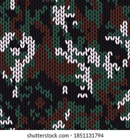 Stylish knitted military camo. Green wool camouflage pattern . Seamless texture. Design for fabric printing. Vector background