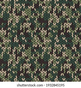Stylish knitted military camo. Green wool camouflage pattern . Seamless texture. Design for fabric printing. Vector background