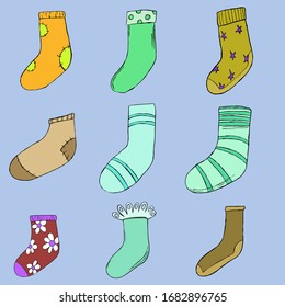 Stylish knitted sock. Set. Cartoon color vector illustration.