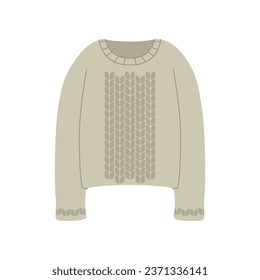 Stylish knitted sweater. Fashionable knitwear item, casual wool pullover, comfortable winter clothing. Cartoon knitwear warm garment item. Vector illustration
