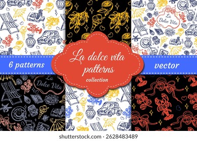 Padrões de vetor La Dolce Vita com estilo de contorno. Inclui motivos italianos: limões, espreguiçadeiras, frutos do mar e símbolos de verão. Ideal para impressões e embalagens elegantes.