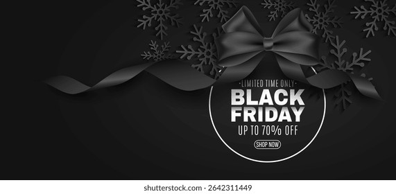 Stylish label for Black Friday sale adorned shiny ribbon and scattered 3d snowflakes on a dark background. Design cover for holiday sales, retail marketing, and festive shopping. Vector illustration.