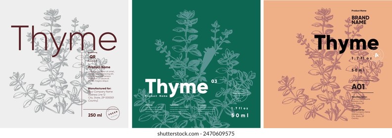 Stylish label collection for Thyme, using a botanical engraving style across different background colors. 