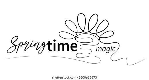 Stylish label with the magic of spring. The symbol of the rising sun with single line. Minimalistic black and white isolated design. Editable flat style horizontal template