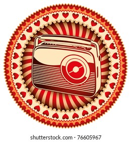 Stylish label with retro radio. Vector illustration.