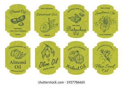 Stylish label with text on a bottle for organic oil, vector illustration. Fashionable logo for natural product packaging. Peanut, coconut and pistachio oils. Sunflower and almond oil sticker