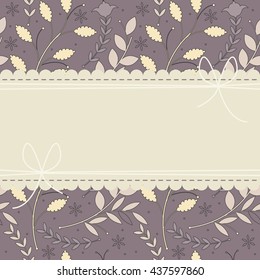 Stylish lace frame with colorful plants on purple background can be used for wedding invitation, anniversary, cover and more creative designs.