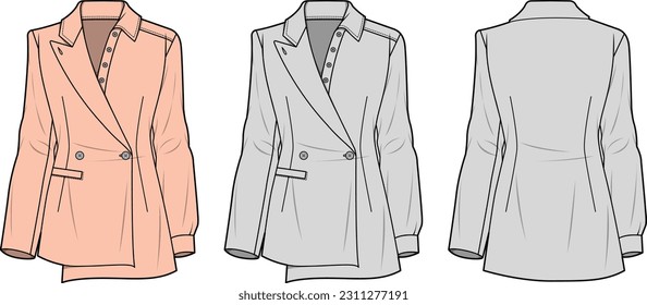 Estiloso Damas Blazer boceto plano frontal y posterior dibujo técnico dibujo ilustración vectorial plantilla