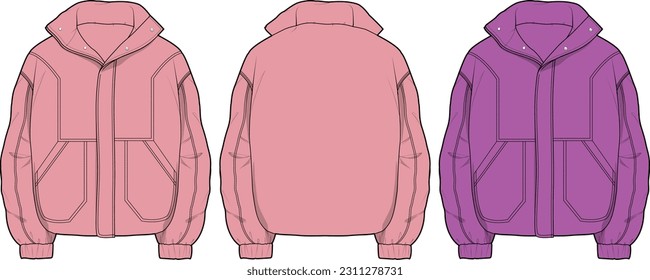 stylish Ladies BOMBER JACKET front and back flat sketch technical drawing vector illustration template