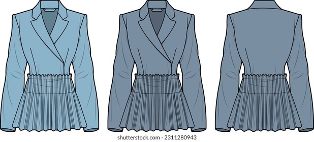 Stylish Ladies fring Blazer front and back flat sketch technical drawing vector illustration template