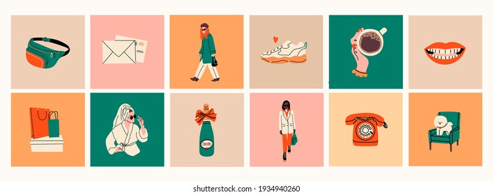 Stylish ladies wearing trendy clothes, coffee cup, sneakers. Modern woman Lifestyle. Work and sport fashion, spa relaxation and shopping concept. Various isolated icons. Hand drawn Vector set