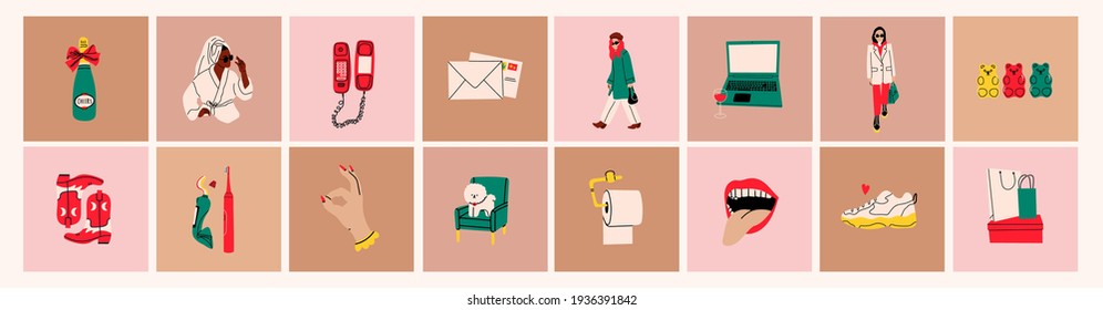 Stylish ladies wearing trendy clothes, coffee cup, boots. Modern woman Lifestyle. Work and sport, fashion, spa, hobby, shopping concept. Various isolated icons. Hand drawn Vector set