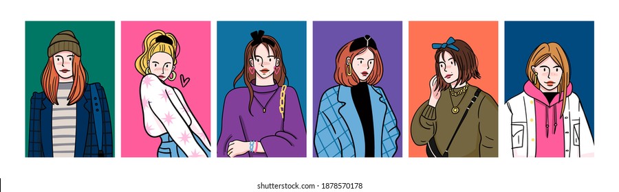 Stylish Ladies Wearing Trendy Modern Clothes. Portraits Of Pretty Young Women. Fashion Models. Fancy Look. Cartoon Comic, Sketch Style. Set Of Six Vector Illustrations. Avatar Or Print Template